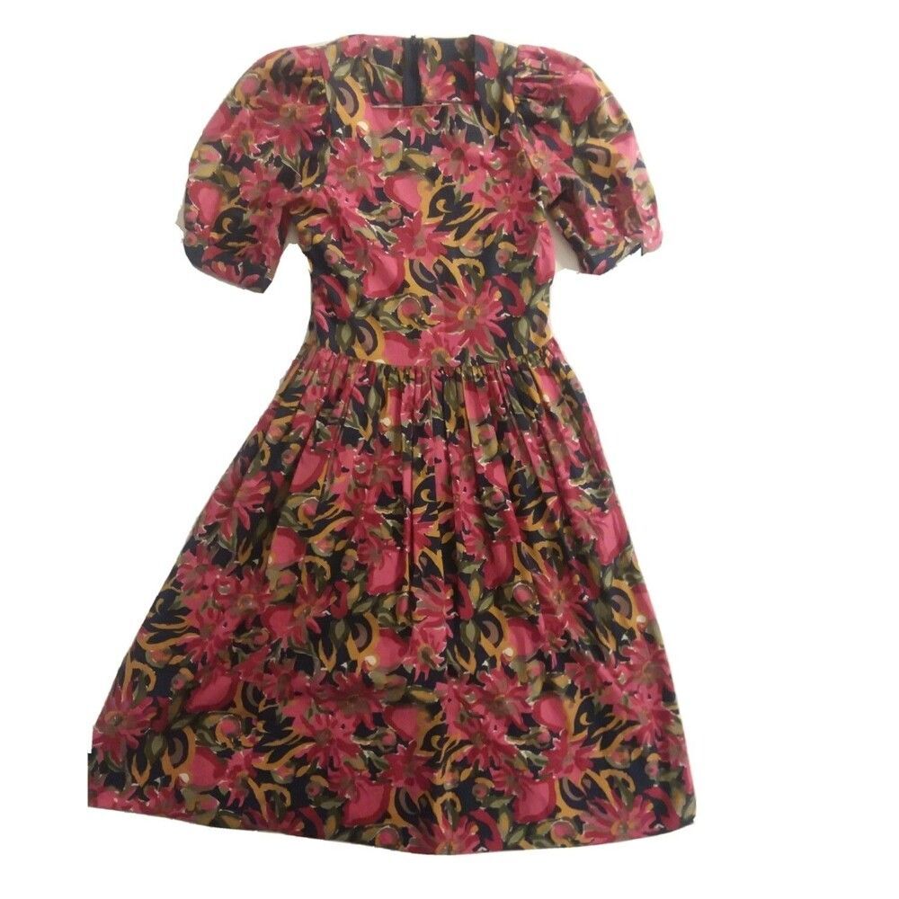 Vintage Laura Ashley Tea Dress Sz 6 Black Pink Floral Prairie Cottagecore 80s